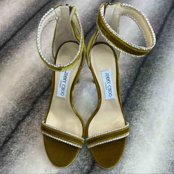 Jimmy Choo Dochas 100 Citrus Velvet Jewel Trim Heels Sandals - Picture 2 of 11
